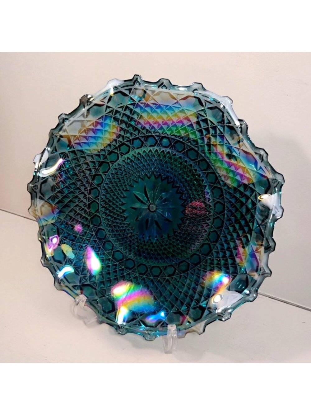 Vtg Iridescent Windsor Blue Carnival Glass Bowl Indiana Glass 10 1/2"
